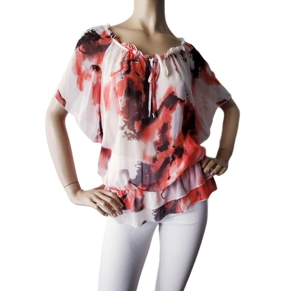 AB Studio Red & White Ruffled Chiffon Blouse - Picture 8 of 8